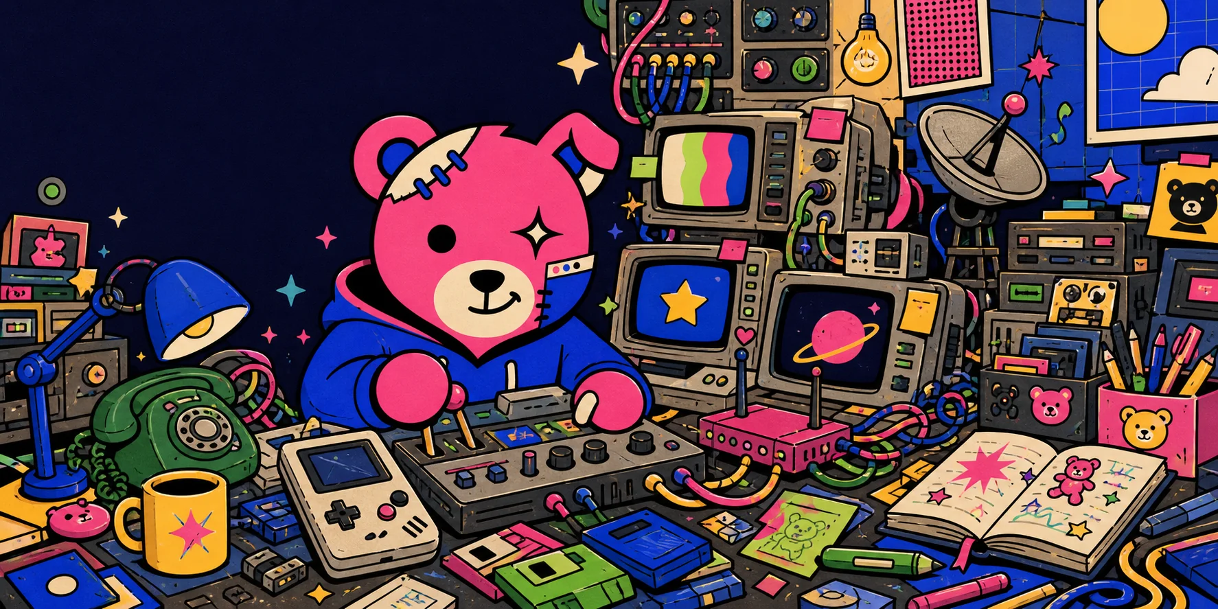 Teddy operating a wonderfully cluttered old-web broadcast workshop full of computers, cables, games, and mysterious switches.